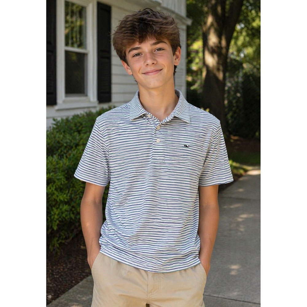 Vineyard Vines Polo Kids M Blue Striped Excellent Sankaty Performance Shirt